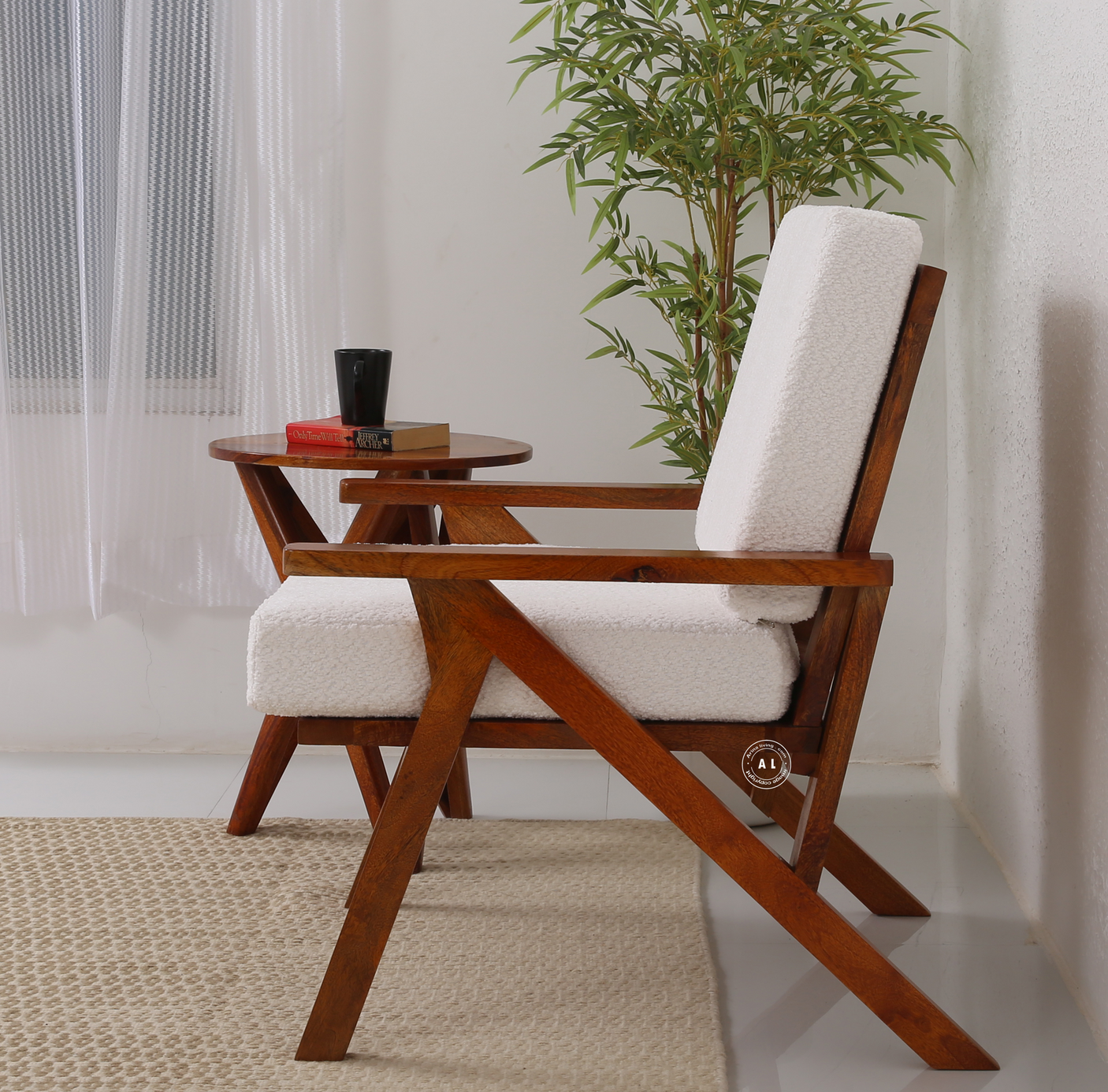 Altora Mango Wood Arm Chair with Boucle Fabric Upholstery – Honey Finish