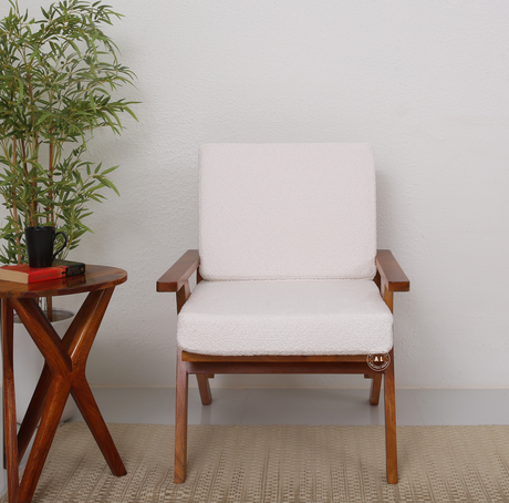 Altora Mango Wood Arm Chair with Boucle Fabric Upholstery – Honey Finish Arina Living