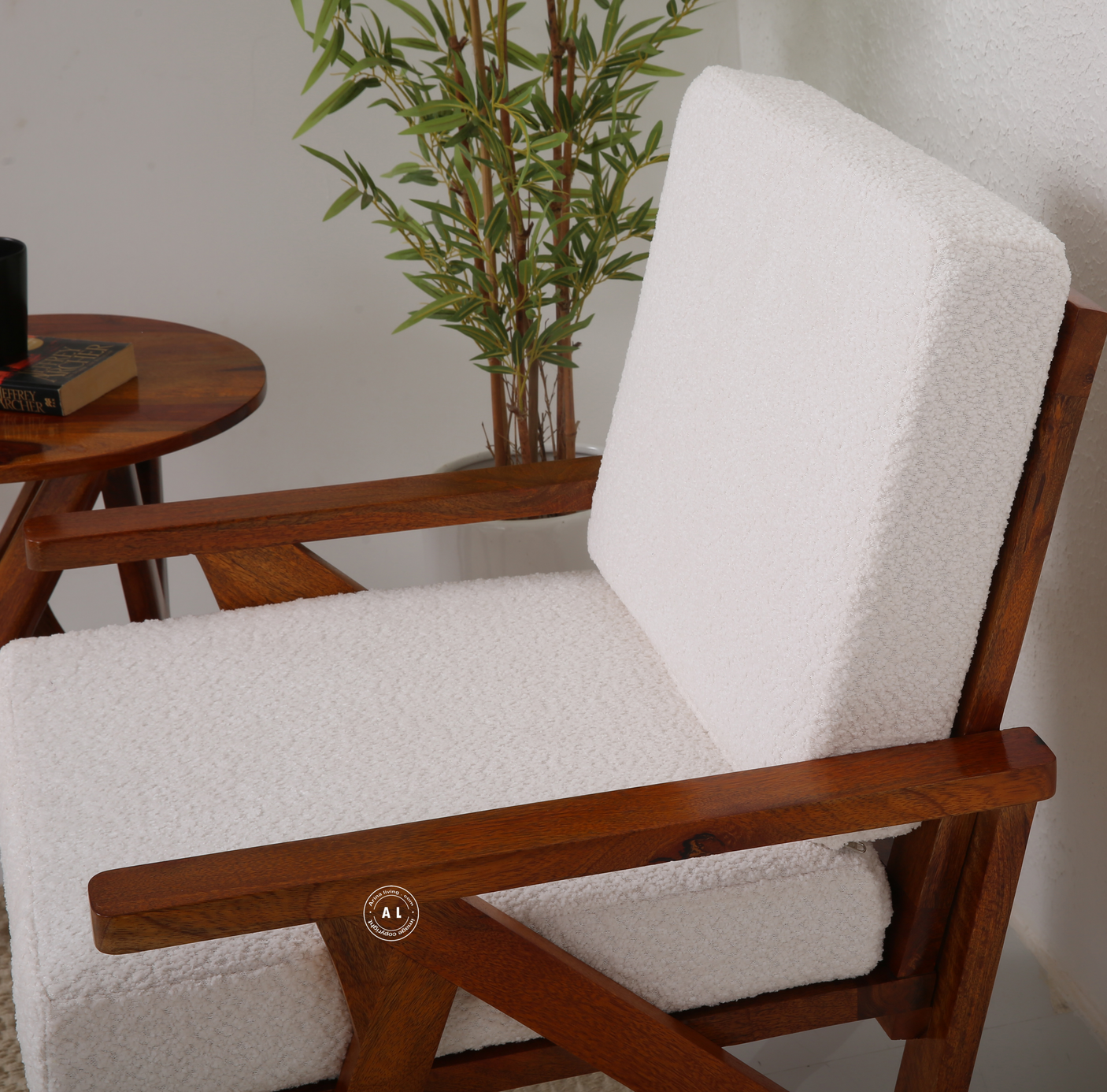 Altora Mango Wood Arm Chair with Boucle Fabric Upholstery – Honey Finish